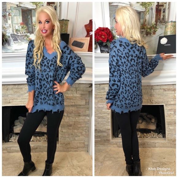 🛍LAST 1! V Neck Leopard Print Frayed Hem Sweater! - Picture 8 of 8